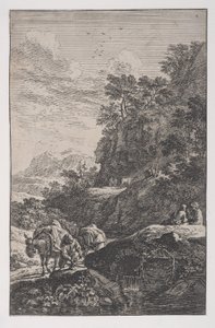 Plate 1: a peasant checking the hoof of his mule by a stream, from Landscapes, ca. 1700-25