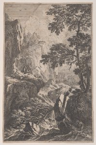 Plate 2: a hunter aiming with his gun, kneeling next to a large rock at right, a man