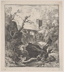 Two Figures Sitting on a Tree Trunk on the Bank of a Stream
