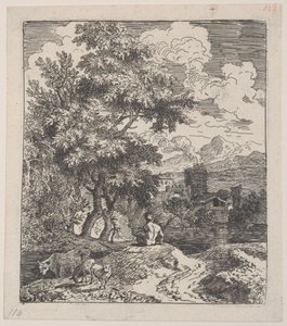 A Shepherd Seated on a Hill with a Cow and Two Sheep