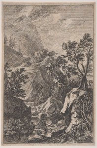 Two Male Figures Standing on a Rock with a Waterfall