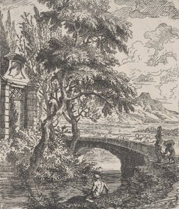 Two figures at right about to cross a stone bridge, a fisherman in the foreground