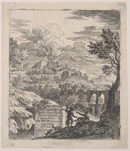 Two shepherds resting next to a pedestal, an aqueduct at right in the background