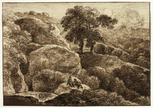 Two Figures Resting on Hillside near Two Trees by Franz Kobell