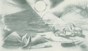 Primeval Landscape with Sun, Mountains, a Group of Horses by Franz Marc