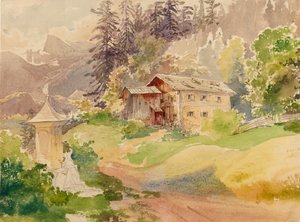 Alpine Landscape with Farmhouse and Woman in Front of a Wayside Shrine by Franz Steinfeld
