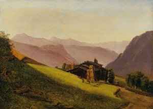 Mountain Landscape with Alpine Huts and Haymaking Farmers