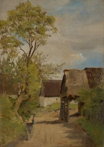 Village Street in Aresing (?) with Female Figure by Franz von Lenbach