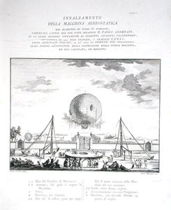 First Manned Hot Air Balloon Flight in Italy made by Paolo Andreani, engraved by Girolamo Mantelli, published 1785 by Fratelli Gerli (after)
