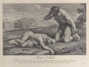 Adam kneels in grief beside the body of Abel, while Cain flees in the background by Frédéric Horthemels