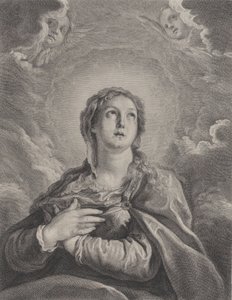 The Virgin, hands folded on her chest, looking upwards