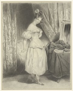 Young Woman in Bedroom, Loosening Her Corset