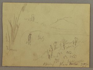 Sketches from Italy: Building with a Tower, Mountain, and Man, April 29, 1869