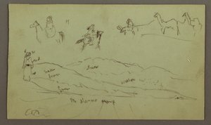 Studies of Figures on Donkeys and Donkeys, Figure on Hill Range, possibly 1868 by Frederic Edwin Church