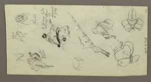 Two Figures Riding Horses, Carrying Spears, Sword, Lower Part of A Gun, etc., possibly 1868 by Frederic Edwin Church