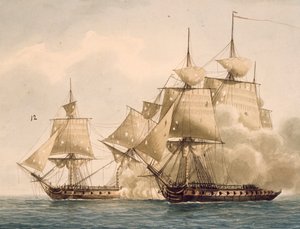 Fighting between French Frigate Amazone and British Frigate Santa Marguerita at Chesapeake Bay