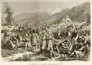 A feast in Thebes, that of the careme of the Virgin, bringing together all the inhabitants of the city and the surrounding area, each family robs a sheep for the occasion, in the foreground, men prepare the animal before cooking it. Engraving after the dra