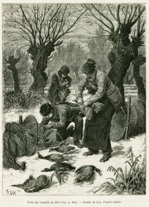 Catch ducks in the net. Engraving to illustrate the story A Through Alsace and Lorraine, in 1887, by Charles Grad, in the tour du monde 1888, directed by Edouard Charton, Hachette, Paris.