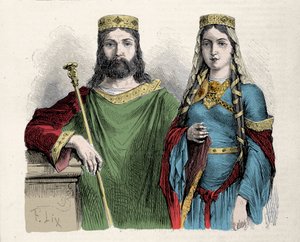Clovis (481-511) king of the Franks with his second wife Saint Clotilde (Clothilde) queen. Engraving by Lix.