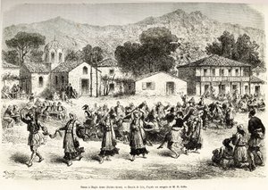 Folk dance in the village square Haggia Anna (St. Anne). Engraving after the drawing of Lix, to illustrate the voyage in Greece, by Henri Belle, in 1861-1868-1874, published in Le tour du monde 1876, edited by Edouard Charton, Hachette edition, Paris