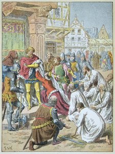 Siege of Calais by Edward III in 1346 - 1347. Queen Philippa de Hainaut begged her bridegroom to grant the bourgeois of Calais