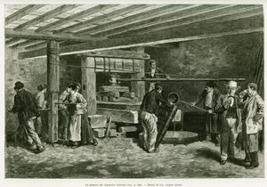 The wine press of the Alsatian winemakers. Engraving to illustrate the story A Through Alsace and Lorraine, in 1887, by Charles Grad, in the tour du monde 1888, directed by Edouard Charton, Hachette, Paris.