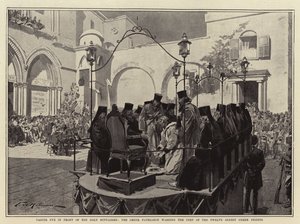Easter Eve in front of the Holy Sepulchre, the Greek Patriarch washing the Feet of the Twelve Oldest Greek Priests