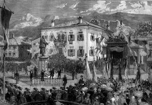 Inauguration of the statue of Titian (Tiziano Vecellio) (1485-1576) in Pieve di Cadore, Italy, September 5