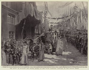 The Queen of Holland and Prince Henry, in the State Carriage, arriving at the Groote Kerke