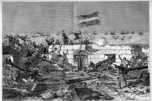 Tunisia, July 1881: French troops took the city of Stax following the revolt of the inhabitants against the French protectorate of Tunisia. Marine rifles take off the circular battery. Engraving by De Haenen in 