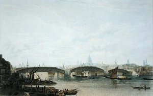 A View of the Southwark Bridge as it appeared in May 1818, engraved by W. Bennett after a drawing of the original by W.H. Timms