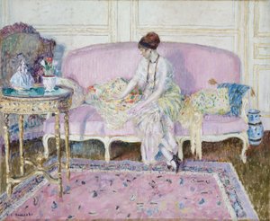 Woman Seated on Sofa in Interior by Frederick Carl Frieseke