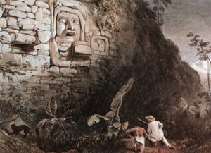 Hunter and His Guide Before the Mayan Head of Itzam Na