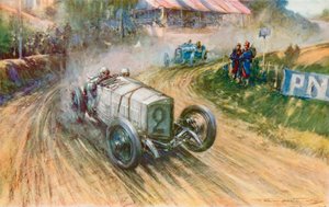 Lautenschlager with the German Mercedes and Boillot with the French Peugeot in their great struggle during the 1914 Grand Prix