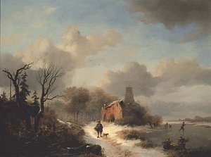 Winter Landscape with Peasant and Figures on Ice