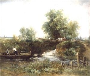River with Horses Crossing and Skiff