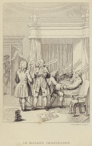 Le Malade Imaginaire: satire depicting author and botanist John Hill in bed being consulted by a range of physicians all determined to secure their fees by Frederick William Fairholt