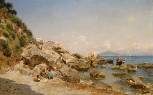 On The Beach, Capri With Vesuvius in the Background by Frederico del Campo