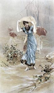 Woman protecting herself from the rain - allegory of early autumn, calendar illustrated by Hubert Dys, painted by F.H. Kaemmerer