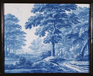 A very rare Dutch Delft blue and white rectangular plaque, depicting wayfarers on a road in a wooded landscape