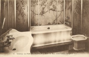 Bathroom of a luxury cabin on board the French ocean liner Ile de France by French Photographer