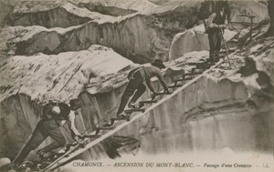 Chamonix - the ascent of Mont Blanc. Climbers passing a crevice. Postcard sent in 1913