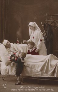 Children wishing a Happy New Year to their injured father, WW1 by French Photographer