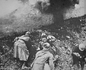 French infantry under fire from German artillery during the Battle of Verdun by French Photographer