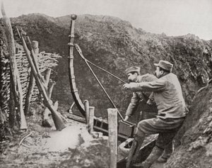 French Soldiers Using a Catapult for Flinging Bombs During World War One, from The Illustrated War News, 1915