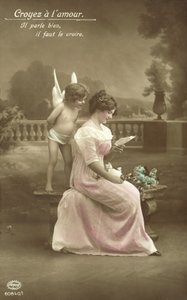 Girl Reading a Love Letter, with Cupid Looking Over Her Shoulder