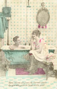 Girl, smoking, talking to man in bath