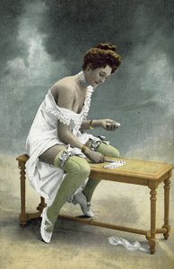 Girl with Exposed Stockings and Breast Playing Patience on Wooden Stool