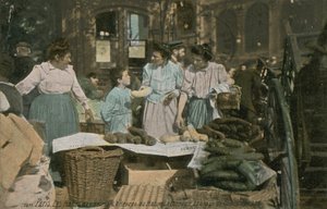 Market stall at Les Halles in Paris, France. Postcard sent in 1913