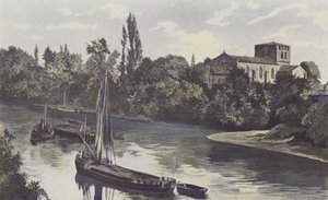 Saint-Denis-de-Piles, Church, General View on the Banks of the Isle by French Photographer